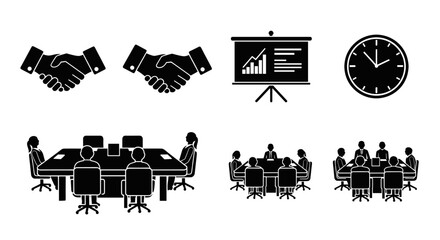 Obraz premium Business meeting icons including handshakes and tables.