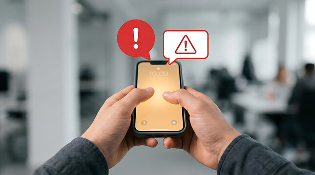 Hands holding smartphone displaying alert notifications in office mobile