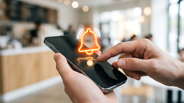 Hands holding smartphone with glowing bell notification alert mobile