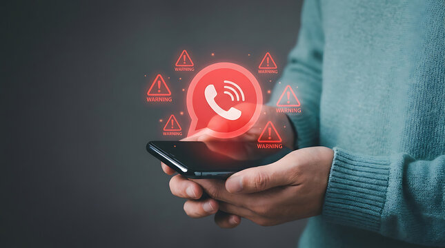 Hands holding smartphone with red warning and phone symbol mobile desig