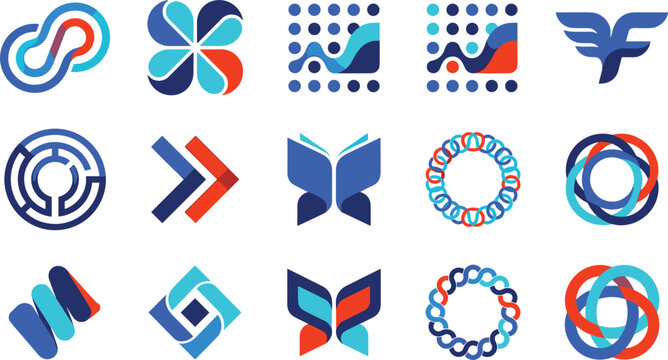 Modern abstract geometric branding logo symbols collection featuring colorful infinite loops waves butterflies arrows and corporate identity icon vector elements.