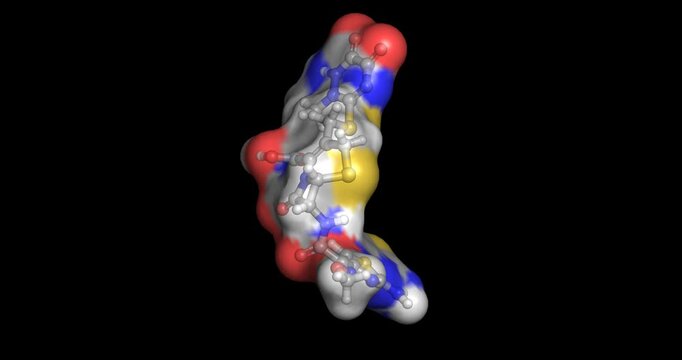 Ceftriaxone, cephalosporin beta lactam antibiotic for bacterial infections, 3D molecule spinning, 4K