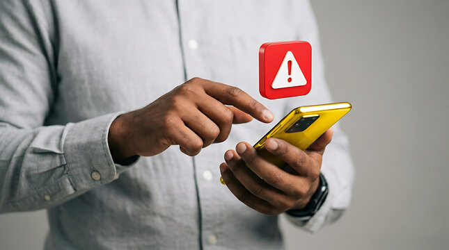Person touching yellow smartphone screen with warning alert hand finger