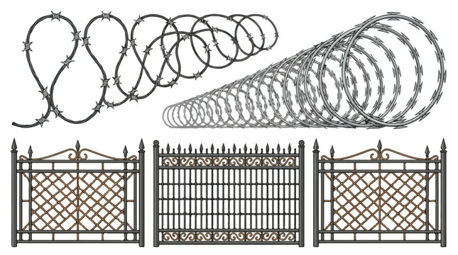 Metal gates and barbed wire fence elements for security and boundary solutions