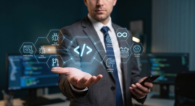Software engineer displaying a holographic programming automation and AI code review dashboard.