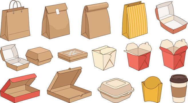 Kraft Paper Food Packaging Mockup Set with Takeout Bags Burger Boxes Pizza Cartons and Coffee Cup Templates for Fast Food Branding Designs