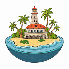 Obraz premium Tropical island paradise with a lighthouse and palm trees surrounded by ocean water.