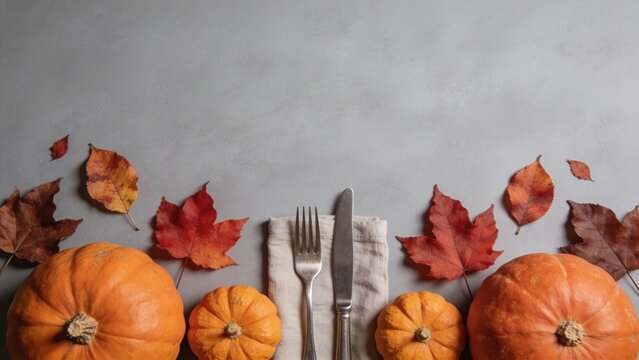 Autumn celebration tablescape with pumpkins, foliage, and elegant place settings in overhead view.