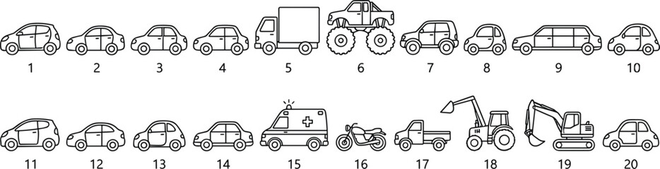 Vehicles icon set containing numbered cars truck monster truck ambulance sedan motorcycle tractor and excavator line art vector © MdRakib