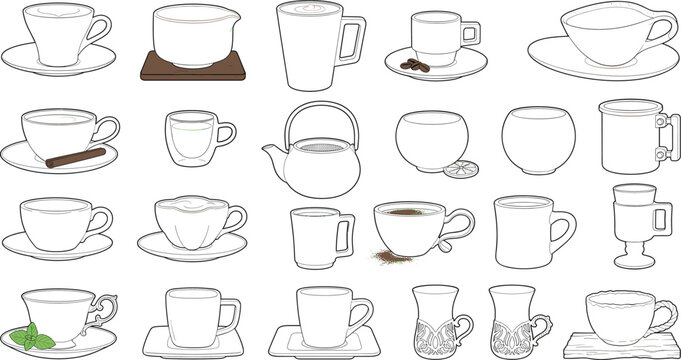 Hand Drawn Coffee and Tea Cup Set with Mugs and Teacups Vector Collection