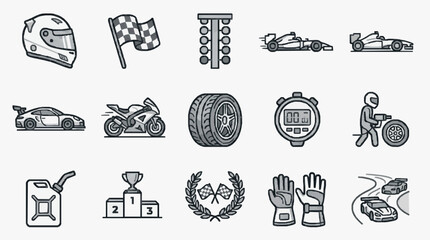 Obraz premium Elegant Monochrome Icons Set Featuring Racing Helmets Checkered Flags Race Cars Motorcycles Tires Timers Fuel Cans Podiums Laurels Gloves and Pit Crew Scenes