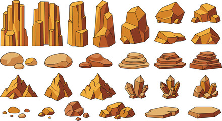 Desert Rock and Stone Cartoon Vector Set with Canyon Columns Boulders Crystals and Stepping Platforms for Game Environment Asset and Landscape Designs © PUTUL