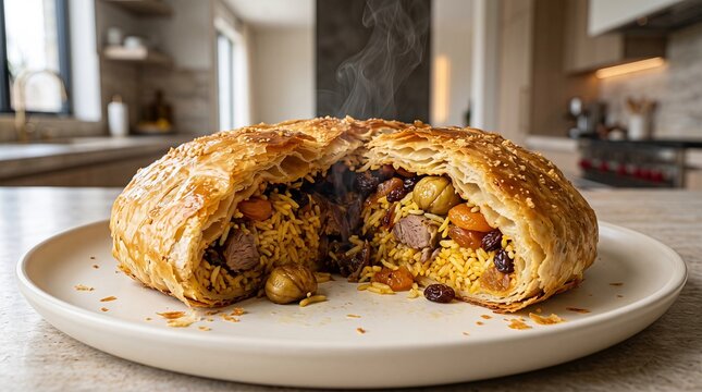 Authentic Azerbaijani Shah Plov Wrapped in Crispy Lavash Pastry with Saffron Rice