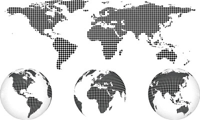 Black Halftone Dot Matrix World Map and Globe Icon Set with 3D Digital Earth Spheres for Corporate Business Infographics and Global Technology Designs © PUTUL