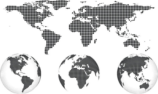 Black Halftone Dot Matrix World Map and Globe Icon Set with 3D Digital Earth Spheres for Corporate Business Infographics and Global Technology Designs
