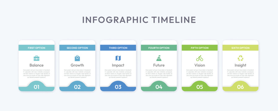 Modern 6 step process infographic template with clean icons, workflow timeline, progress chart, business presentation layout, flowchart elements, data visualization, roadmap, editable vector design.