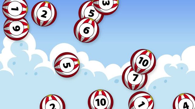Falling Numbered Lottery Balls Over Blue Sky and White Clouds Background