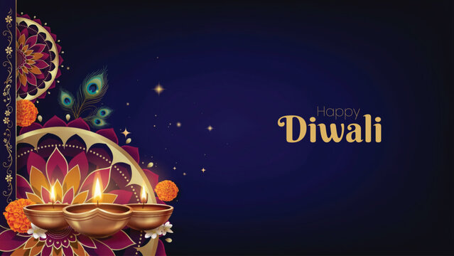 Happy diwali festive deepa lamps peacock feathers and floral decorations