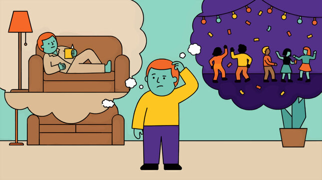 Man Choosing Between Staying Home Relaxing and Going to a Party, Thought Bubbles Illustrating Options, Flat Design Vector Illustration