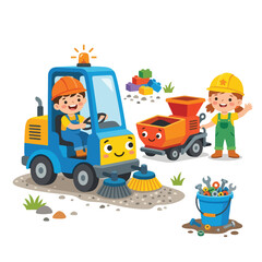 A cheerful boy drives a blue street sweeper while a girl stands by an orange mixer in this cute construction-themed cartoon illustration for kids. © Aqil Art