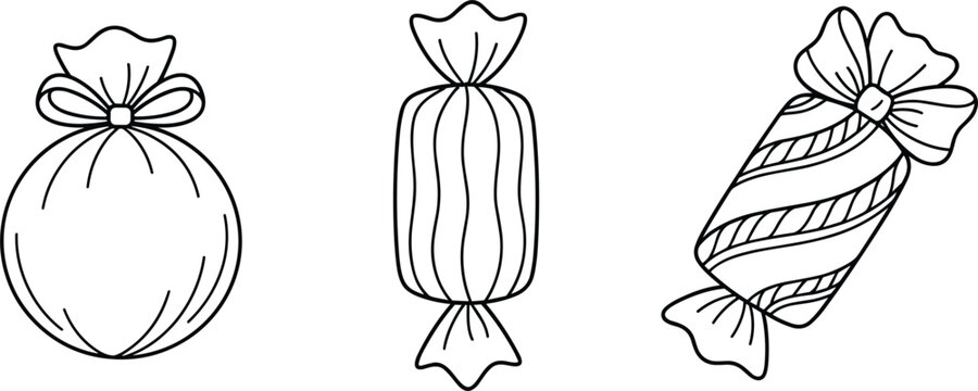 Wrapped candy sweets vector outline icon set with stripes and bows for birthday party celebration graphic design
