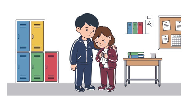 Caring school child comforting a classmate in the hallway, promoting empathy, kindness, emotional support, friendship, inclusion, and positive school culture