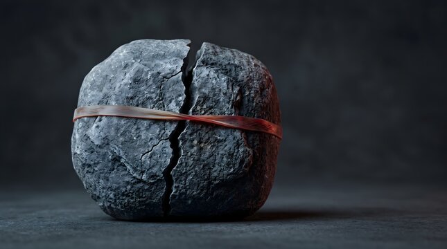 Conceptual image of a cracked grey stone held together by a thin rubber band on a dark background, representing resilience, fragility, and the effort to maintain unity under pressure.