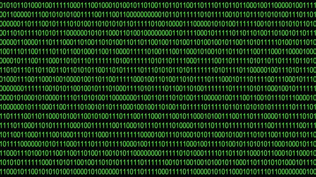 Digital binary code background, streaming green matrix data stream, abstract cyber security technology concept, computer programming and software development loop
