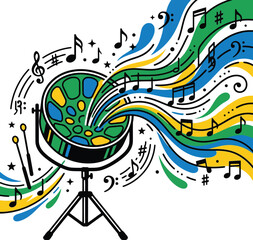 Naklejka premium Colorful music microphone with flowing sound waves and musical notes on white background