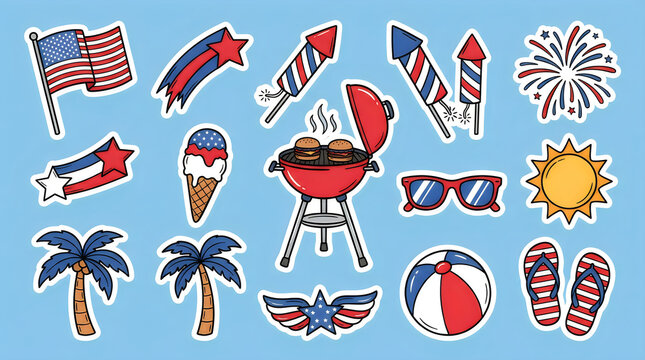 Set of patriotic sticker illustrations for fourth of july featuring bbq and beach elements