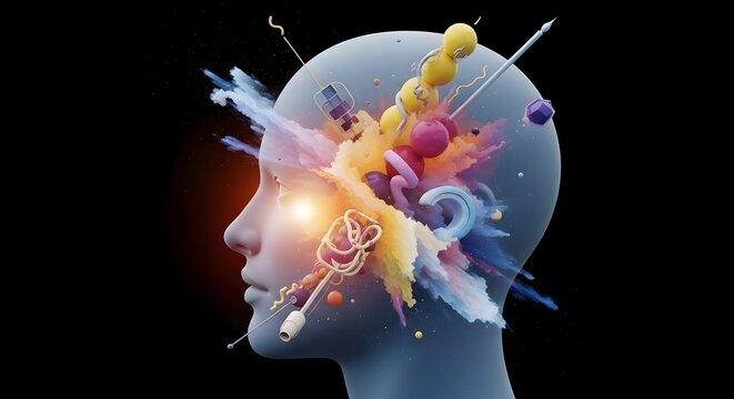 Abstract 3D Conceptual Illustration of Human Mind Creativity and Colorful Cognitive Ideas Explosion