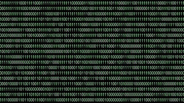 Digital binary code stream background, green matrix style data flow, abstract technology concept for cybersecurity, programming, and big data analytics