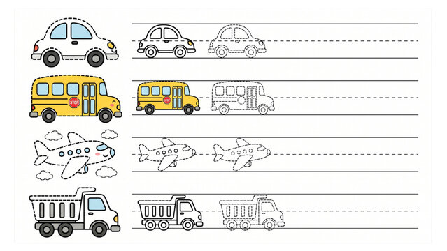 Cute Vehicles Tracing Worksheet for Preschool Kids, Dashed Outline Transport Learning Vector, Car Bus Airplane Truck Practice Set