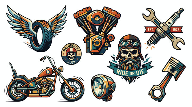 Vintage motorcycle parts and accessories with skull and wing designs