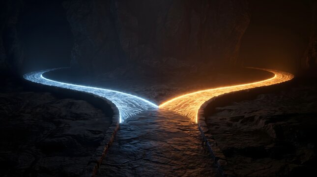 Abstract Metaphor of a Fork in the Road with Two Glowing Paths, One Blue and One Orange, Representing Life Choices and Divergent Destinies in a Dark Cavern