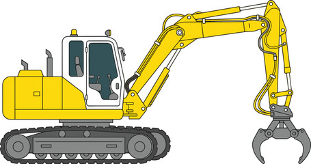 Yellow tracked hydraulic excavator machine with sorting claw attachment for heavy material handling and waste industrial recycling © MdRakib