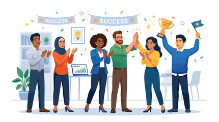 Fototapeta premium Diverse team celebrating success with trophy and confetti in modern office