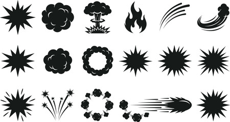 Black Comic Book Explosion Silhouette Icon Set with Starburst Speech Bubbles Mushroom Clouds Fire Flames and Speed Motion Trails for Graphic Designs © PUTUL