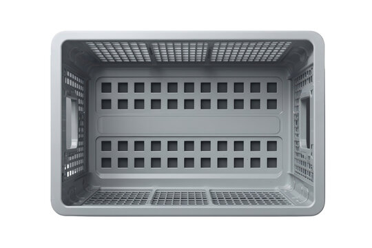 Empty grey plastic crate for storage, organization, and laundry, viewed from above, transparent background