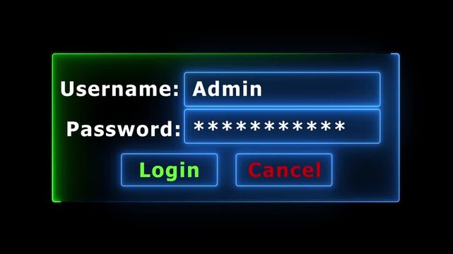 Digital login interface with glowing neon border, user authentication form for cybersecurity and web access concept