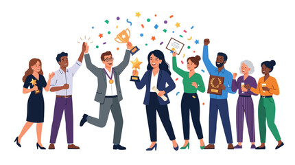 Obraz premium Diverse team celebrating success, holding trophies and awards, confetti falling.