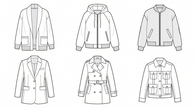 A premium collection of women's coat and jacket technical fashion illustrations in clean black outline vector style, arranged in a neat grid on a white background. The collection features six differen
