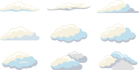 Obraz premium Fluffy Sky Cloud Cartoon Vector Icon Set with Cumulus Stratus Light Blue Shadows and Overcast Elements for Game Landscape Weather and Map Designs