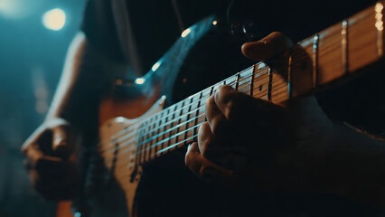 Obraz premium Close-up of hands playing electric bass guitar.