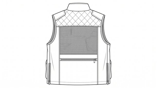 A clean black-and-white technical line art illustration of a modern outdoor utility fishing and tactical vest, front view, centered on a plain white background. The sleeveless vest features a high sta