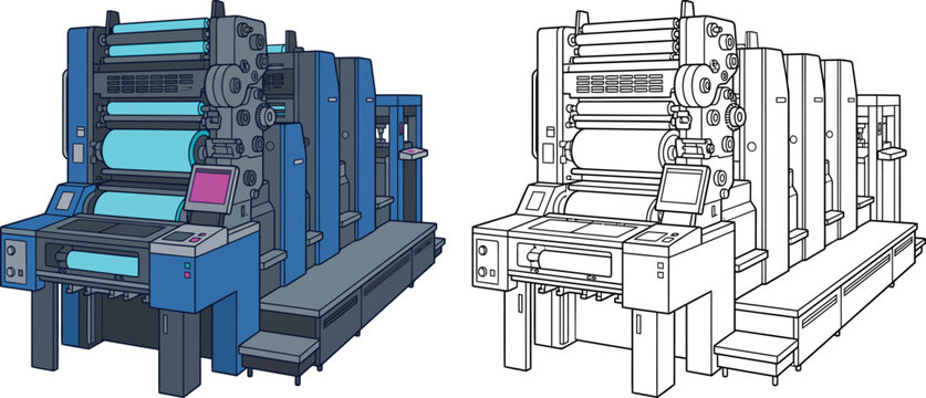 Offset printing press machine industrial equipment for commercial printing vector illustration on white background