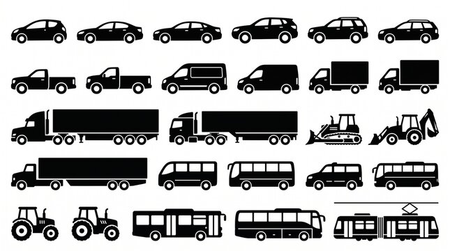 A professional vector collection of black vehicle silhouette icons arranged in a clean grid on a white background. The set includes a wide variety of transportation types, such as compact hatchbacks, 