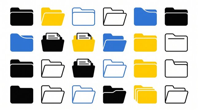 A clean, modern collection of minimalist folder icons displayed in a neat grid on a white background. The set includes multiple folder styles with subtle variations in tab shape, curved top edges, and