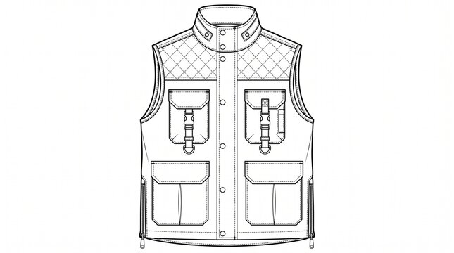 A clean black-and-white technical line art illustration of a modern outdoor utility fishing and tactical vest, front view, centered on a plain white background. The sleeveless vest features a high sta