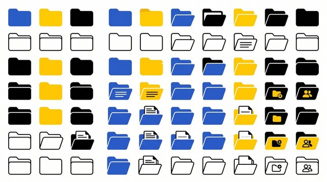 A clean, modern collection of minimalist folder icons displayed in a neat grid on a white background. The set includes multiple folder styles with subtle variations in tab shape, curved top edges, and